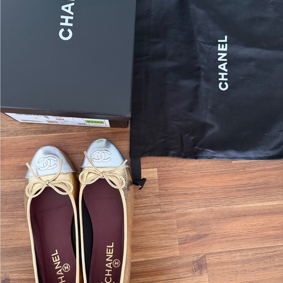 CHANEL Gold and Silver Cap-Toe Ballet Flats - Picture 6 of 9